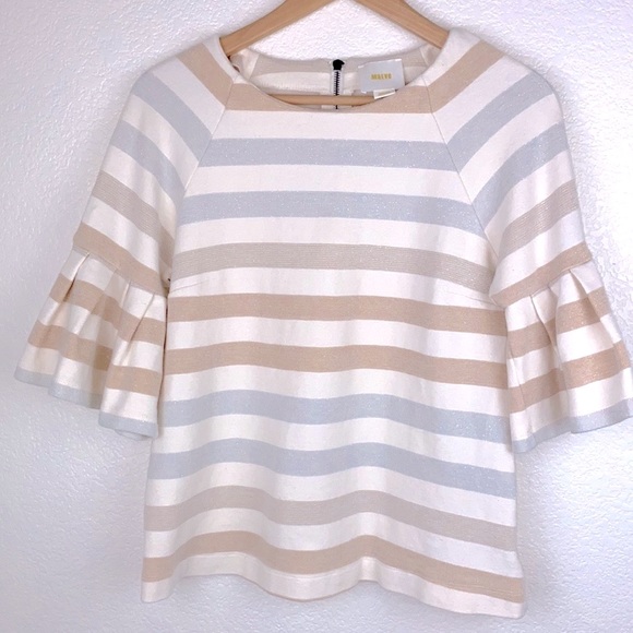Anthro Maeve Metallic Shimmer Stripe Ruffle Bell Sleeve Blouse Top - Picture 5 of 9